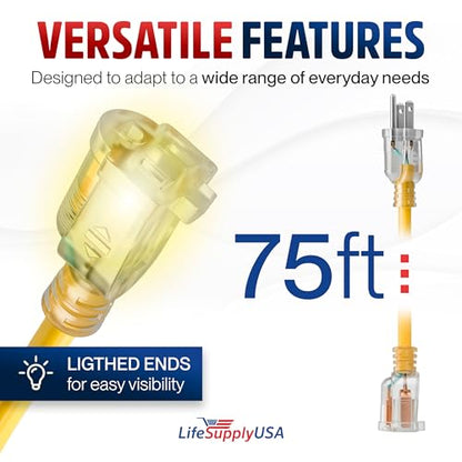 75ft Outdoor Indoor Extension Cord 16 (75 FT / 16AWG / Yellow)