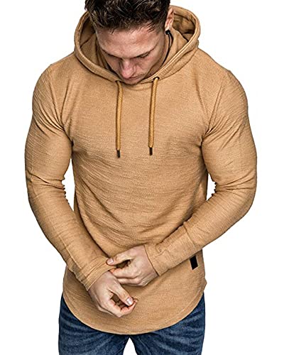 Mens Fashion Athletic Hoodies Sport Sweatshirt Solid Color Fleece Pullover Khaki 2XL (XX-Large / Khaki)