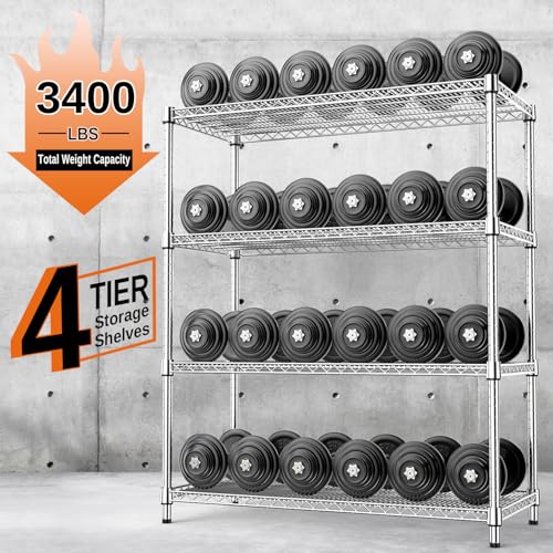 3400 LBS Garage Shelving Wide Storage Shelves 4 Tier Metal Shelves Heavy Duty Adjustable Utility Shelf Rack Chrome 17.7" D x 47.2" W x 70.4" H (4 Tier, 17.7" D x 47.2" W x 70.4" H / Chrome)
