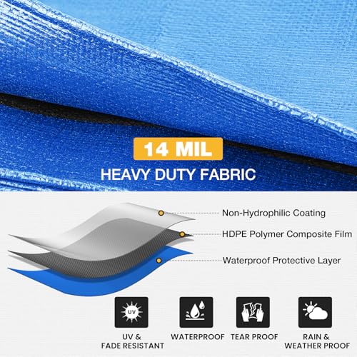 Heavy Duty Tarp 14 Mil Tarp Waterproof Blue 12x16 FT (Blue/Silver-14mil / 12'x16')