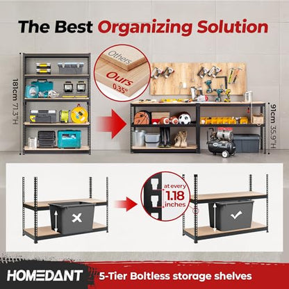 47.7" W 5 Tier Heavy Duty Garage Shelving Adjustable Metal Rack Storage Shelves Standing Shelf Unit Organizers Industrial Warehouse Basement Black 2Pack (Black / 47.7"W x 18.2"D)