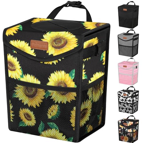 Car Trash Can with Lid Leakproof Car Garbage Bag Vehicle Trash Bin (2.8 Gallons / Sunflower)