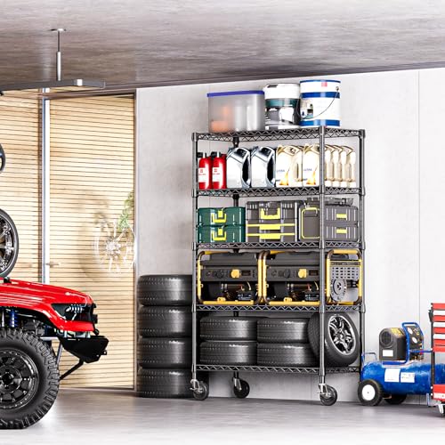5 Tier Adjustable Heavy Duty Steel Wire Shelving Unit with Wheels (5 Tier, 17.7" D x 47.2" W x 76.7" H / Black)