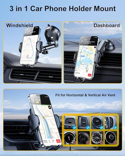 Purple 3-in-1 Phone Holders for Your Car [2025 Most Stable and Flexible Suction Cup] Vent Dashboard Windshield Cell Phone Car Mount Fit for iPhone, Samsung, All Phone (Purple)
