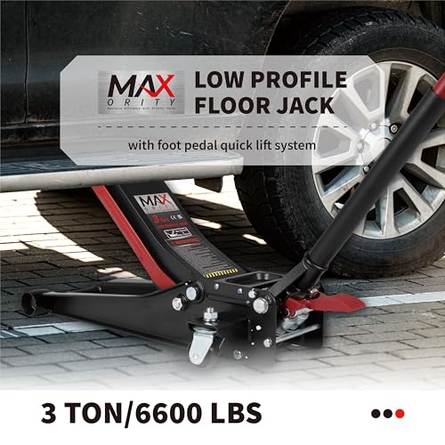 3-Ton (6600lbs) Low-Profile Dual Pistons Heavy-Duty Steel Racing Floor Jack with Quick Lift Hydraulic Pump, Foot Pedal and Magentic Pad for Car Maintenance (Red)