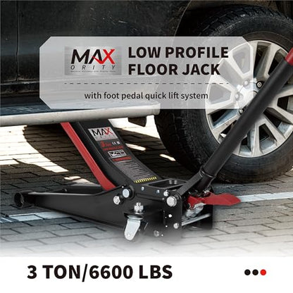 3-Ton (6600lbs) Low-Profile Dual Pistons Heavy-Duty Steel Racing Floor Jack with Quick Lift Hydraulic Pump, Foot Pedal and Magentic Pad for Car Maintenance (Red)