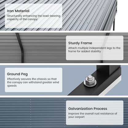 12'x20' Heavy Duty Metal Carport (Gray / 12x20ft Without Sidewalls)