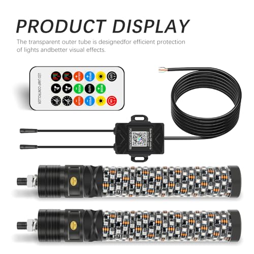 2PCS 1FT Fat Spiral Led Whip Lights with APP&Remote Control RGB Chasing Dancing Lighted Antenna Whips Compatible with Can (Fat 2PCS 1FT)
