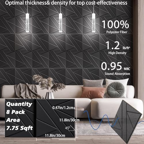 12in Acoustic Panels for Walls (8 Pack-12×12in / Black)