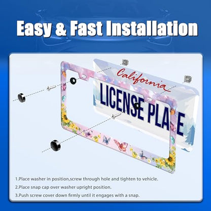 Butterfly Sunflower License Plate Frame Stainless Steel Holder 12.3"x6.3" (Colorful Butterfly Yellow Sunflowers)