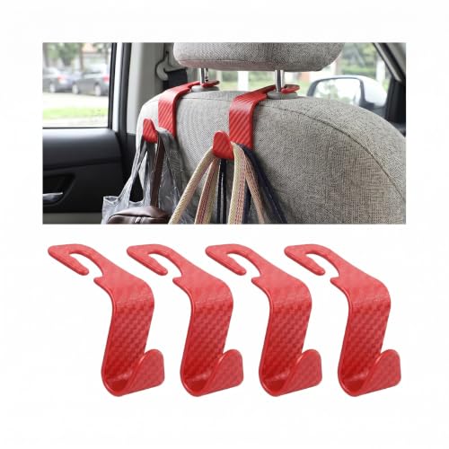 4 Pack Headrest Hooks for Vehicle Seats (Carbon Fiber/Red)