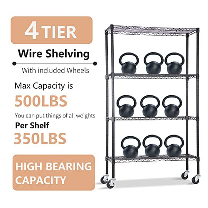 4 Tier Wire Shelf with Wheels (Black / 36"D x 14"W x 62"H)