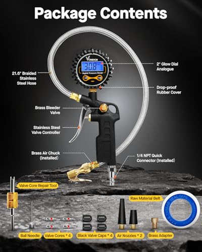 Digital Tire Pressure Gauge with Inflator (3-250PSI / Tire Inflator Gauge)