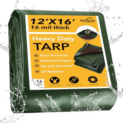 Tarp 12x16 Feet 16 Mil Heavy Duty Waterproof Tarp (Green/Brown-16mil / 12'x16')