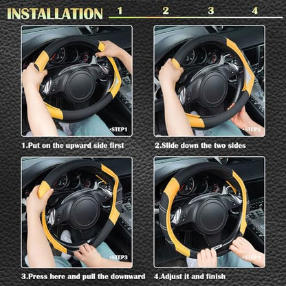 Line Rider Microfiber Leather Sporty Steering Wheel Cover Universal Fits for 95% Truck (Black＆Yellow / Standard[14.5"-15"])