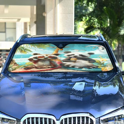 Car Windshield Sun Shade Raccoon Surfer and Sloth Panda Foldable Car Front Windshield Sunshade Blocks UV Rays Sun Visor Sun Heat Protection for Car Truck SUV to Keep Your Vehicle Cool (Medium / Raccoon Surfer and Sloth Panda)