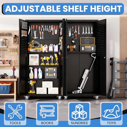 Metal Storage Cabinet for Garage (Black / L - 2 Doors & Pegboard (Wheeled))
