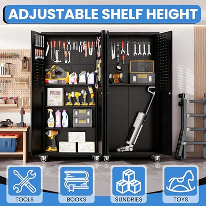 Metal Storage Cabinet for Garage (Black / L - 2 Doors & Pegboard (Wheeled))