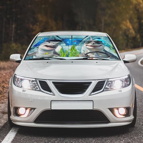 Funny Sharks Car Windshield Sunshade Umbrella Car Foldable Umbrella Sunshade for Front Window UV Reflector Auto Windshield Umbrella Sun Shades Cover for Most Vehicles 57'' X 30'' (57'' X 30'' / ylzys-5)