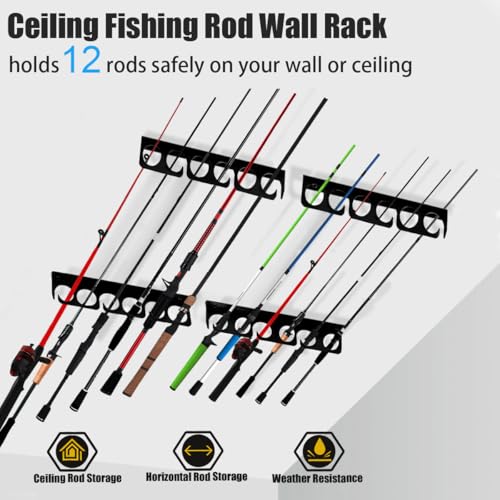 Fishing Rod Rack Pole Wall or Ceiling Storage Holder Hook Keeper Display Hanger Organizer Mount for Garage (Store 12 Rods)