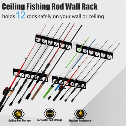 Fishing Rod Rack Pole Wall or Ceiling Storage Holder Hook Keeper Display Hanger Organizer Mount for Garage (Store 12 Rods)