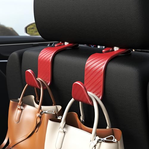 4 Pack Car Headrest Hooks Holds 55lbs Seat Storage Organizer for Bags (Red Check)