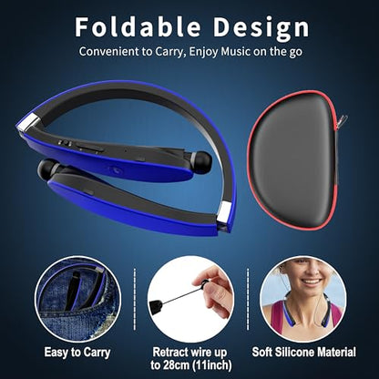 Foldable Bluetooth Headphones Wireless Neckband Headset with Retractable Earbuds (Blue)