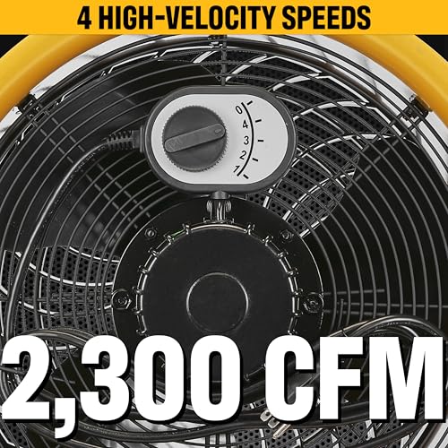 fans - 14”-Blade High-Velocity Drum Fan Industrial Grade (Yellow, 2-in-1): 2,300 CFM, 4-Speed, 360 Degree Adjustable Drum Head, Dual Ball Bearing Motor with Die-Cast Cover (HVD-14AC) (Yellow / Floor)