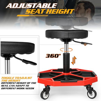 Adjustable Mechanics Stool with Wheels (Red)