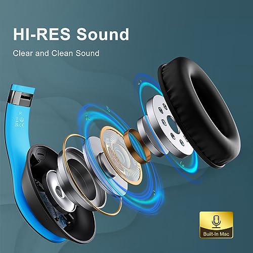 Wireless Bluetooth Headphones Over Ear V6.0 HiFi Stereo with Mic (Blue)