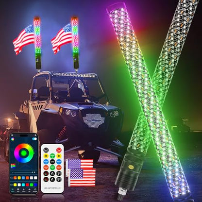 2PCS 2FT Fat Whip Lights 360°Spiral Chase Offroad Warning Lighted Antenna LED Whips Side by Side with Turn Signal Brake Reserving Lights for UTV ATV RZR Can (Fat 2PCS 2FT)