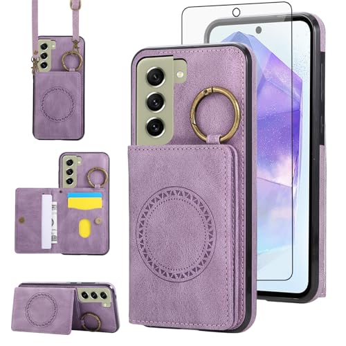 Compatible with Samsung Galaxy S21 FE 5G Wallet Case Screen Protector Crossbody Shoulder Strap Ring Buckle Stand Card Holder Phone Cover for S 21 EF S21FE5G UW S21FE 21S G5 6.4 inch Women Men Purple (Purple / for S21 FE)