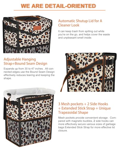Car Trash Can with Lid Leakproof Car Garbage Bag Vehicle Trash Bin (2 Gallons / Leopard)