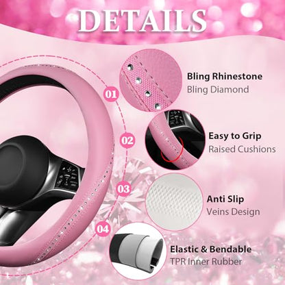 Bling Diamond Pink Leather Steering Wheel Cover (All Pink 1PCS)