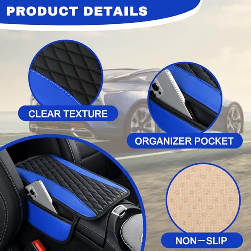 Leather Car Center Console Cover with Side Pockets (Blue)