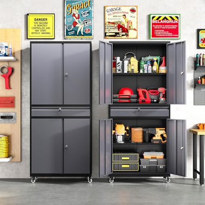 Metal Garage Storage Cabinet with Wheels and Drawer (73"H x 31.5"W x 16"D / Black Gray)
