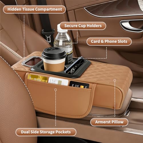 5-in-1 Car Armrest Cushion, Multifunctional PVC Leather Center Console Armrest Pillow Elbow, Universal Arm Box Pad Cover with Cup Holder, Phone Slot, Tissue Box Slot & 2 Storage Bags, Grey (Gray)