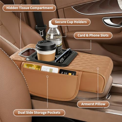 5-in-1 Car Armrest Cushion, Multifunctional PVC Leather Center Console Armrest Pillow Elbow, Universal Arm Box Pad Cover with Cup Holder, Phone Slot, Tissue Box Slot & 2 Storage Bags, Grey (Gray)