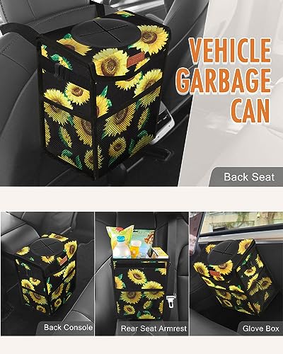 Car Trash Can with Lid Leakproof Car Garbage Bag Vehicle Trash Bin (2 Gallons / Sunflower)