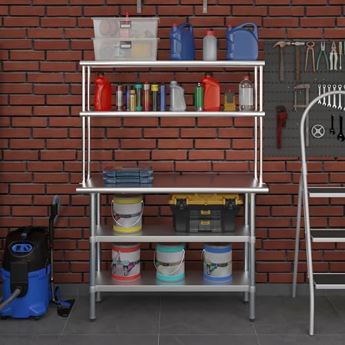Stainless Steel Work Table with 2 Shelves (18" x 48" Table With 2 Shelves + 12" Overshelf)