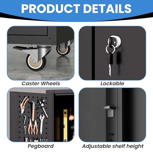 Metal Storage Cabinet for Garage (Black / L - 2 Doors & Pegboard (Wheeled))