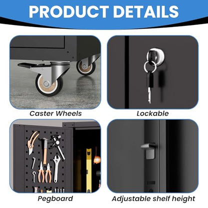 Metal Storage Cabinet for Garage (Black / L - 2 Doors & Pegboard (Wheeled))