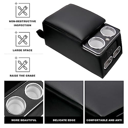 Center Console Organizer with LED Light and Cup Holders (Black)
