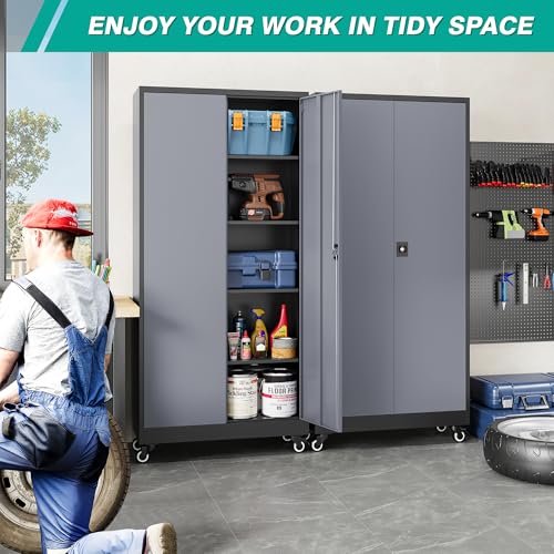 75" Tall Metal Storage Cabinet with Wheels (75"H x 31.5"W x 16"D / Black Gray)