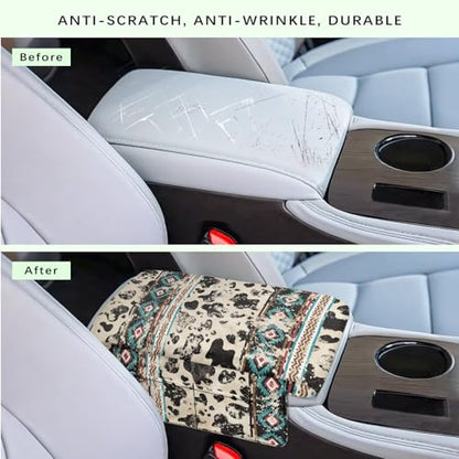 Aztec Cow Print Retro Car Center Console Armrest Cover Comfortable Armrest Seat Box Pad with Organizer Pockets Console Lid Protector Cushion Universal Fit for Most Vehicles SUVs (Aztec Cow Print Retro)
