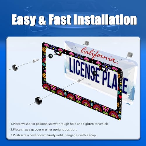 Folk Flowers License Plate Frame Stainless Steel Accessory 12.3x6.3 Inch (Folk Flower Vintage Floral)