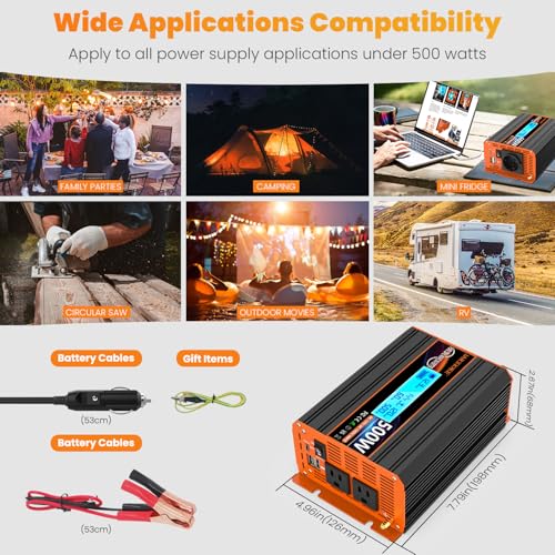 500 Watt Pure Sine Wave Power Inverter 12V DC to 110V 120V Converter for Home (PSW-500W)