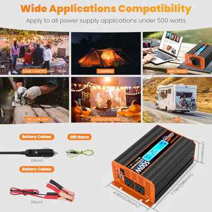500 Watt Pure Sine Wave Power Inverter 12V DC to 110V 120V Converter for Home (PSW-500W)