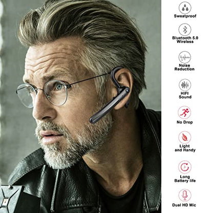 Single Ear Wireless Bluetooth Earphone Noise Cancelling Stereo Dual HD Mic Headphone Earpiece 16Hrs Hands (Black Gray)