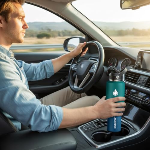 32oz Water Bottle Wide Mouth Stainless Steel Vacuum Insulated Double Wall with Straw Lids Fit in Any Car Cup Holder (Green & Blue / 32 Ounces)